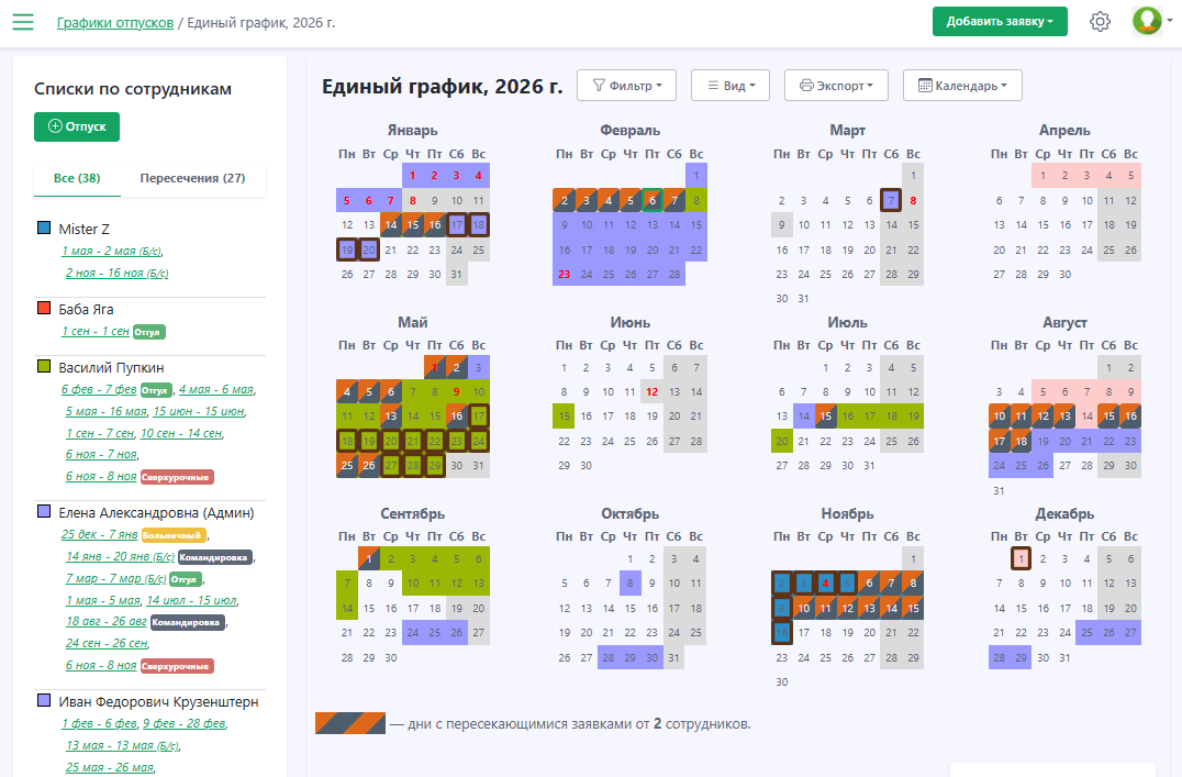 График отпусков в виде календаря с отметкой пересечений