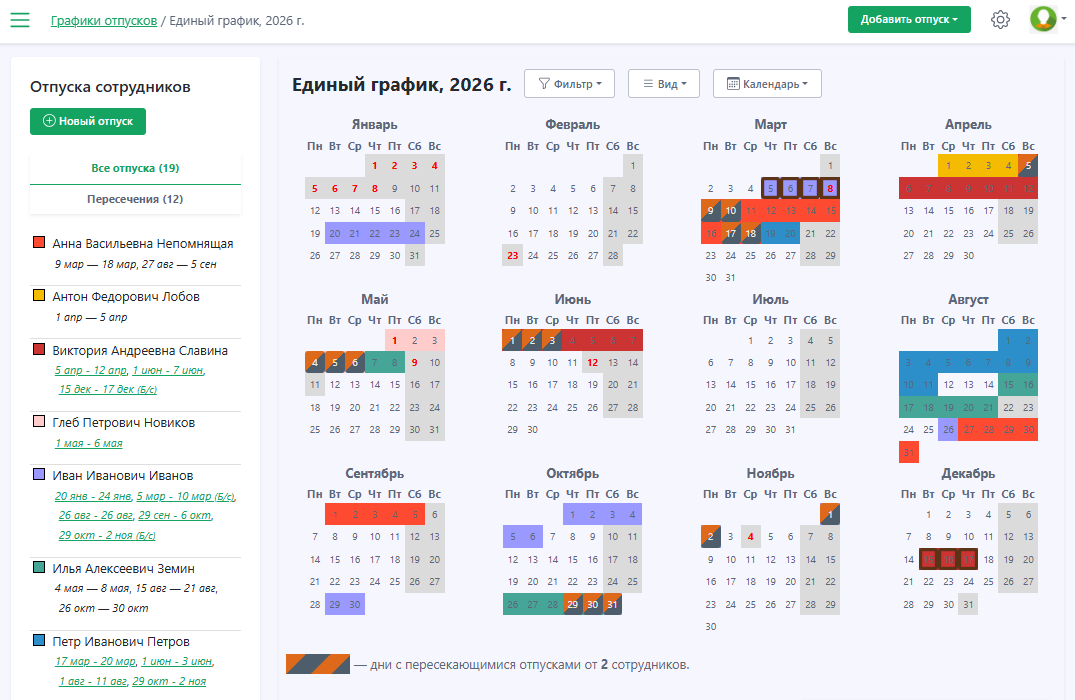 График отпусков в виде календаря с отметкой пересечений