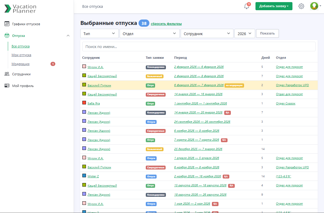 Список всех отпусков, добавленных за все время